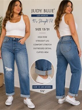 Judy Blue 90’s Straight Fit Jeans Size 13/31 Distressed Cuffed High Rise